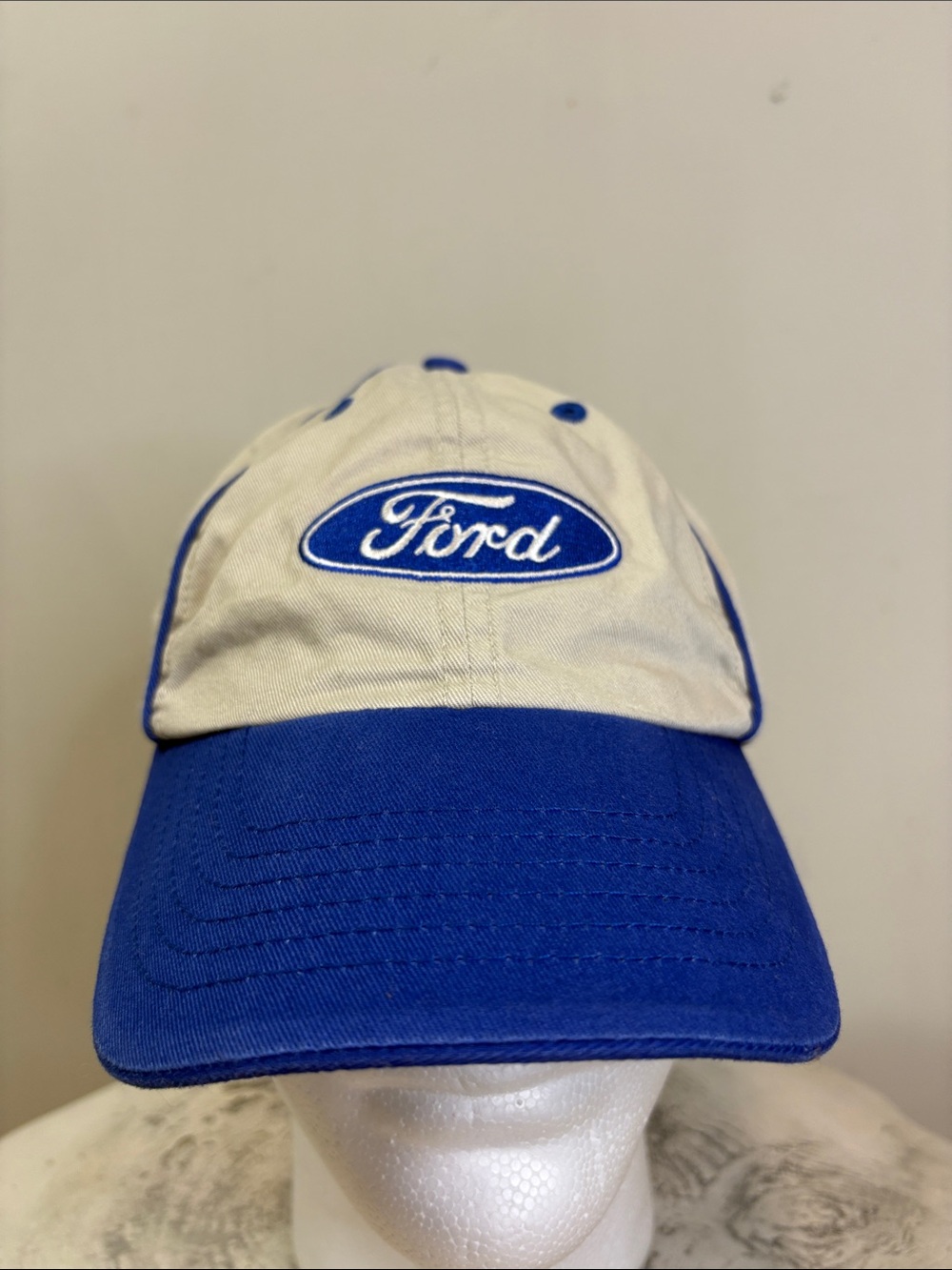 Two Tone Ford Motors Vintage Car Style Color Block Piping Trim Blue & Khaki Cap